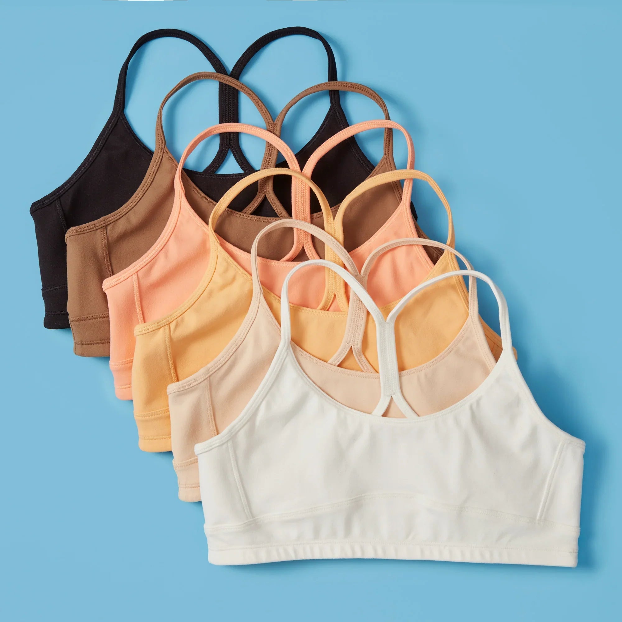 A series of Yellowberry Tink bras in different colors on a blue background
