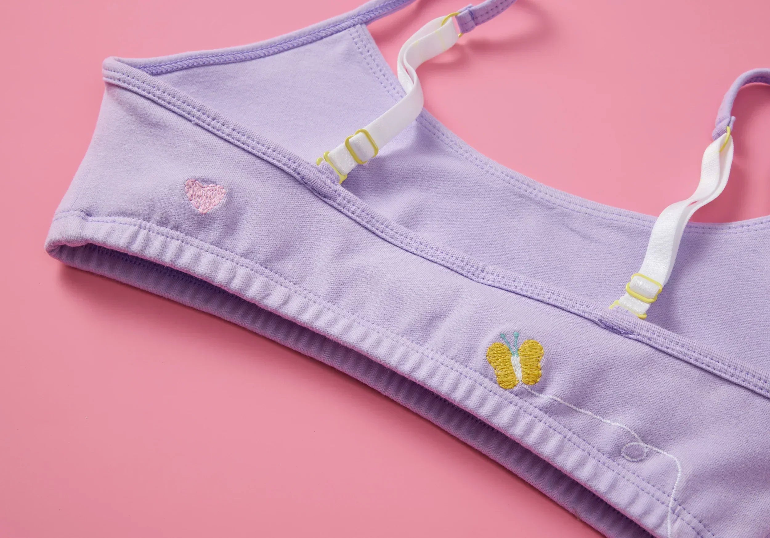 A purple Yellowberry embroidered bra on a pink background