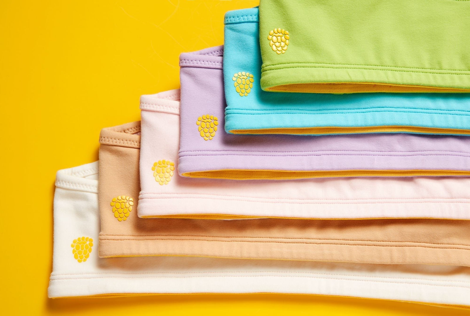Six colorful Yellowberry bras are styled on a yellow background. The yellow berry logo is promonent on each bra, and they are styled in order of rainbow color