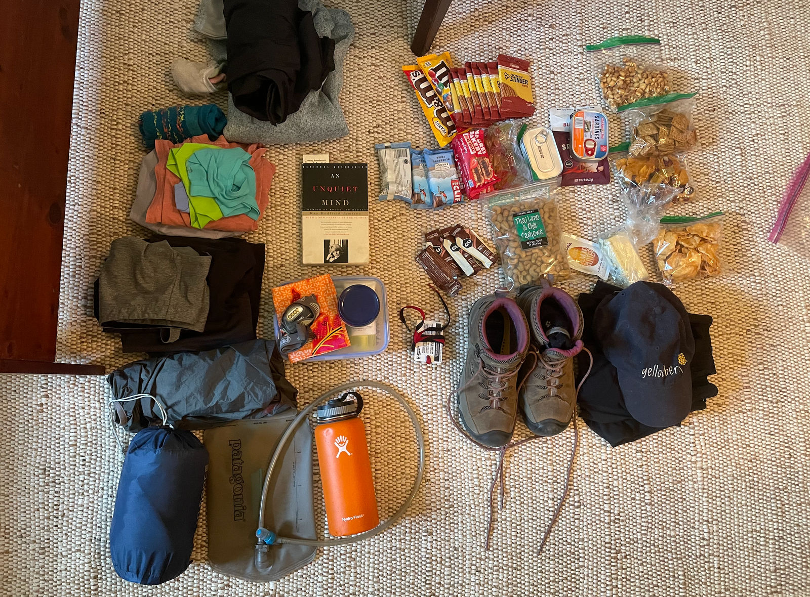 A layout of camping gear. There are layers of clothing, food, snacks, water bottle, hiking shoes, and a book.