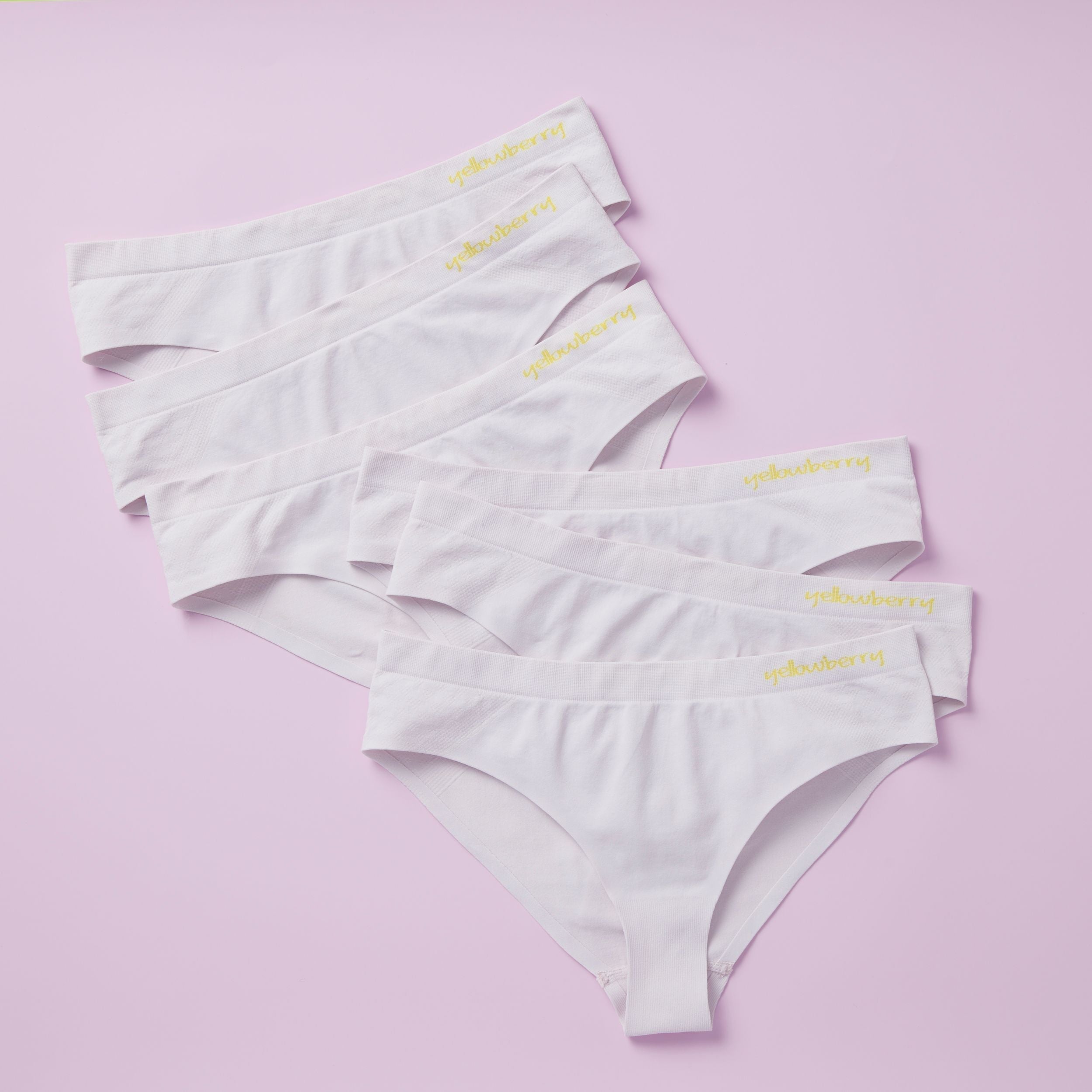 Image of 6 pair of pale lilac seamless underwear on a light purple background