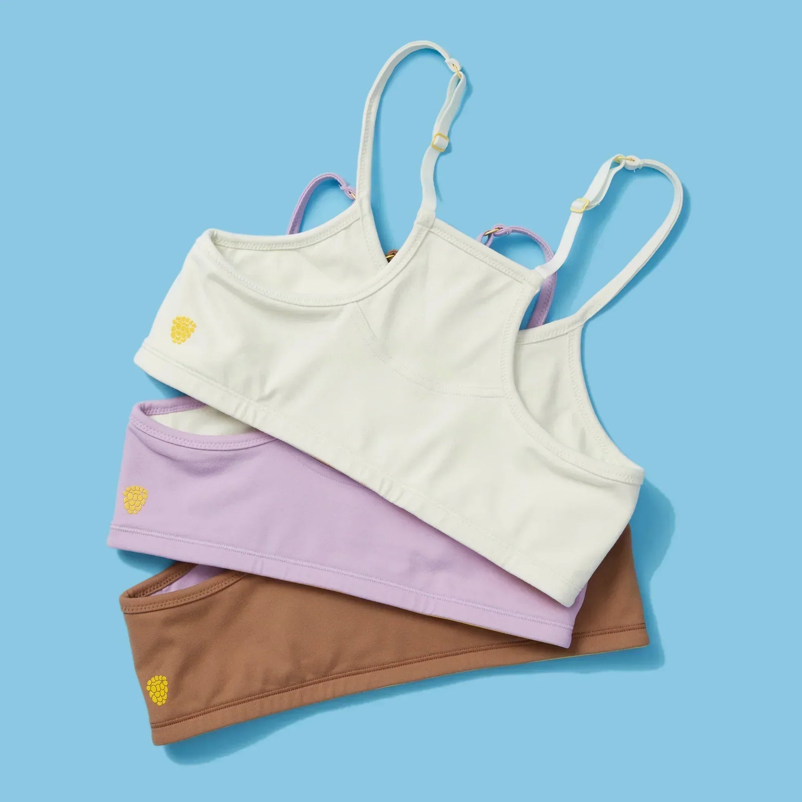 Three Yellowberry Firefly Bras assorted on a blue background