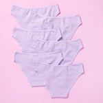 6 pair of light purple girls cotton bikini cut underwear on a pretty pink background, back