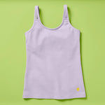 Laydown image of a light purple girls cotton tank top with a shelf bra on a soft green background, front