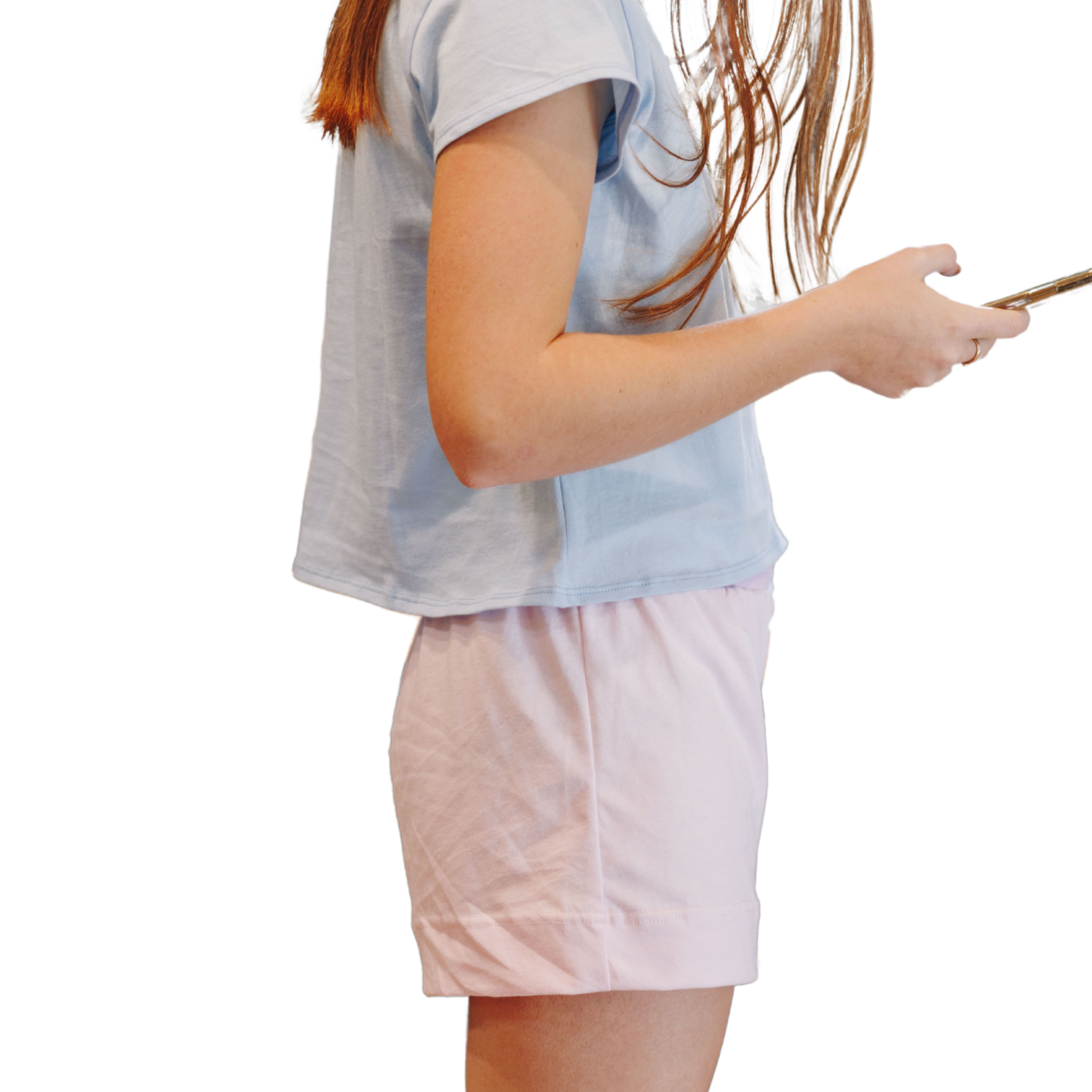 Yellowberry Bliss Cotton Short. Featuring a 3-inch inseam and a substantial 2-inch hem that adds a fun and unique touch of style. The contrasting waistband color can be covered or accentuated with a tucked or untucked tee, giving you versatility in every look. Perfect for lounging, layering, or even wearing as PJs, these shorts are as cozy as they are cute. Ideal for relaxing at home or throwing on for a casual outing, the Bliss Short in pink with raindrop t shirt. Made in USA.