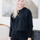 Yellowberry Downtown Hoodie in soft cotton, and effortless Style. Designed with a cross-front hood for subtle flair, it falls just below the navel, hitting the hip for a relaxed, effortless fit. Each piece in our lounge collection embodies chic, timeless style, all essentials you'll reach for all cozy season long. Made with pride in the USA, in colors thoughtfully chosen to mix and match seamlessly. We hope you enjoy them as much as we loved creating them for you. Starry Night casual with pearls