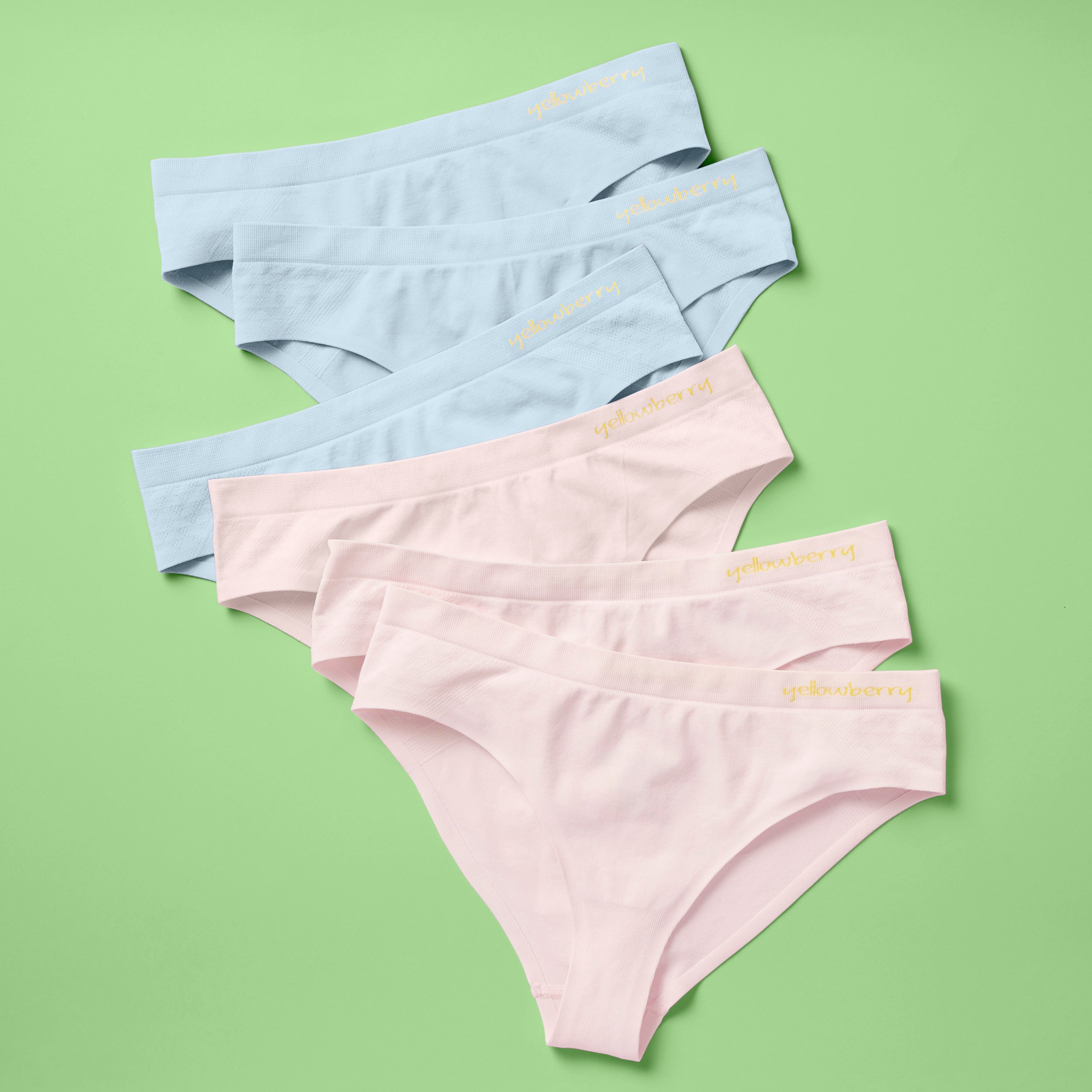 Best-Selling Twistr Girls Seamless Bikini cut underwear by Yellowberry. Front image of Tulle (light pink and light blue colors) bundle on green background. 