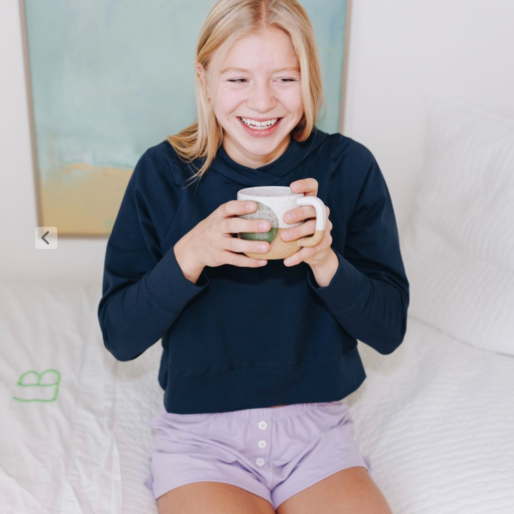 Yellowberry Midtown Short is one of our new lounge pieces all perfectly chic, classic basics for everyday wear. Soft,  cozy and made proudly in the USA with colors that mix and match. Navy moonbeam with lavender huckleberry midtown short detail in Jackson, Wyoming