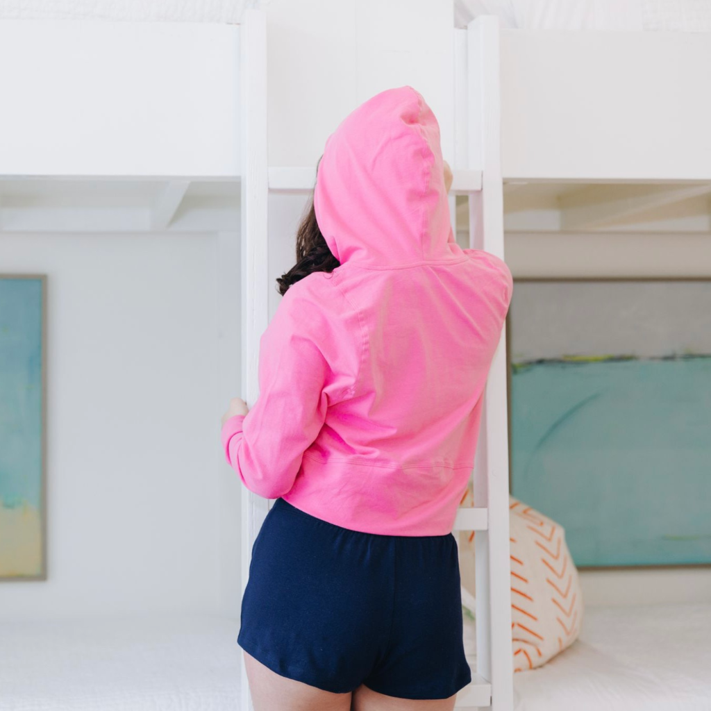 Yellowberry Midtown Short is one of our new lounge pieces all perfectly chic, classic basics for everyday wear. Soft,  cozy and made proudly in the USA with colors that mix and match. Navy with hot pink downtown hoodie