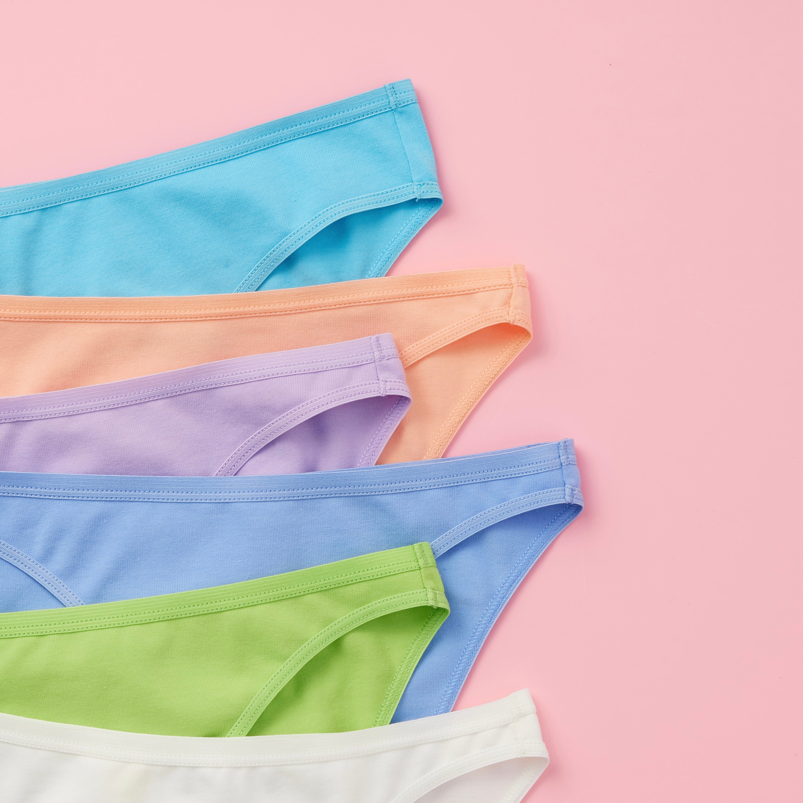 Yellowberry Petal Pima Cotton Bikini Underwear Bundle has a fuller coverage bottom. Made from luxurious Pima Cotton infused with a hint of Spandex, these undies provide the perfect amount of stretch for ultimate comfort and flexibility. The elastic waistband ensures a snug yet gentle fit, while the easy care instructions make laundry day a breeze. Sky Dance Detail 6PK on pink front