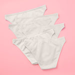 Yellowberry Petal Pima Cotton Bikini Underwear Bundle has a fuller coverage bottom. Made from luxurious Pima Cotton infused with a hint of Spandex, these undies provide the perfect amount of stretch for ultimate comfort and flexibility. The elastic waistband ensures a snug yet gentle fit, while the easy care instructions make laundry day a breeze. Snowflake White 6PK on pink back