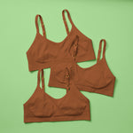 Yellowberry Tulip Mocha 3PK Bundle Front Image on Lime in our signature seamless fabric especially great for girls with skin sensitivities. A perfect training bra or first bra ensuring all day comfort with adjustable straps and a triangle design. 