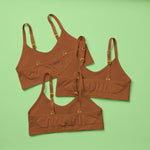 Yellowberry Tulip Mocha in a 3PK Bundle in our signature seamless fabric especially great for girls with skin sensitivities. A perfect training bra or first bra ensuring all day comfort with adjustable straps and a triangle design. 