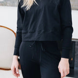 Yellowberry Uptown Jogger, where comfort meets effortless style. Inspired by lazy Sundays and forever being comfy. This cotton jogger is made with our beloved, lusciously soft cotton fabric. A thick, long lasting elastic band fits comfortably at the waist sewn with custom color matching drawstrings for added cohesiveness. With real, deep pockets and a sleek, flattering fit, they’re designed manufactured in the USA. Black Starry Night detail