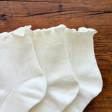 Close up of three pairs of white ribbed ankle socks with ruffled edges, arranged on a rustic wooden surface.