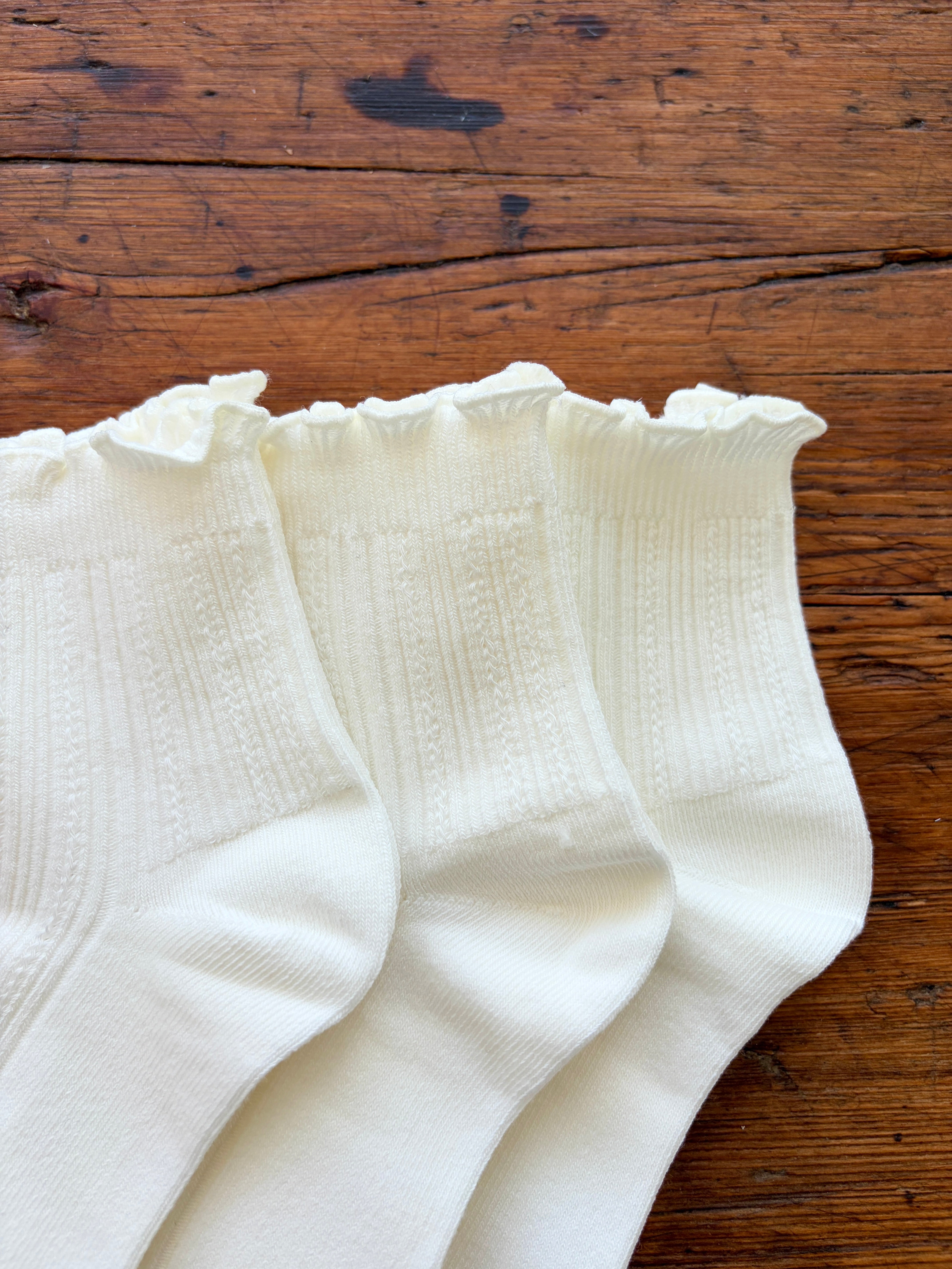 Close up of three pairs of white ribbed ankle socks with ruffled edges, arranged on a rustic wooden surface.