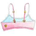 Cartoon-style pink and blue bra with yellow accents on a white background