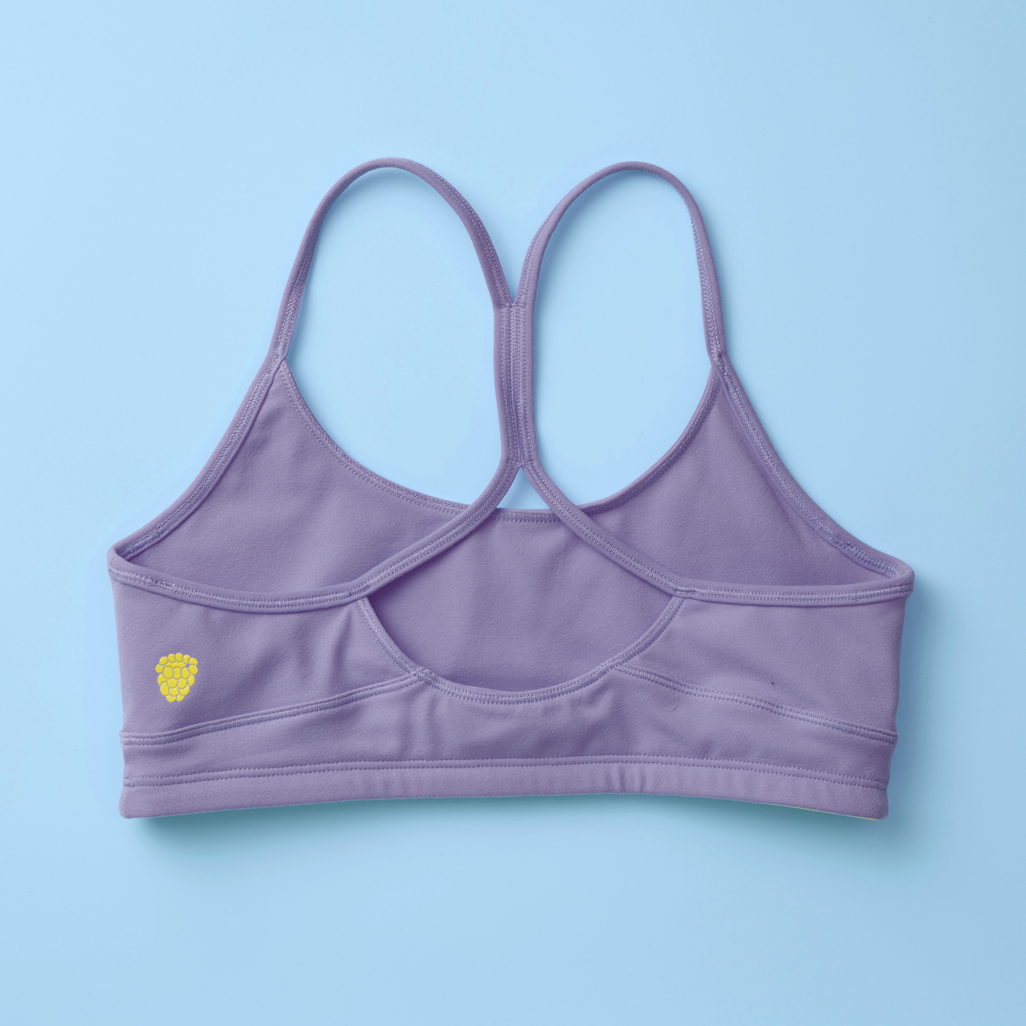 The back of a lavender purple sports bra with a crossover back strap design, laid flat on a light blue background.