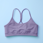 A lavender purple sports bra with a crossover back strap design, laid flat on a light blue background.