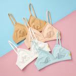 Yellowberry Butter Bra, all four colors shown ina group image. Front laydown detail image. The BEST Bra We Make for More Developed Girls. Fabric is smooth to the touch and made with a matte brushed finish for extra softness. Made with synthetic fabric blend and hook and eye clasp closure. Great for developing girls. Wear and wash is over and over again, it will still look brand new. It will grow with your daughter as she continues to grow, great option for any occasion.