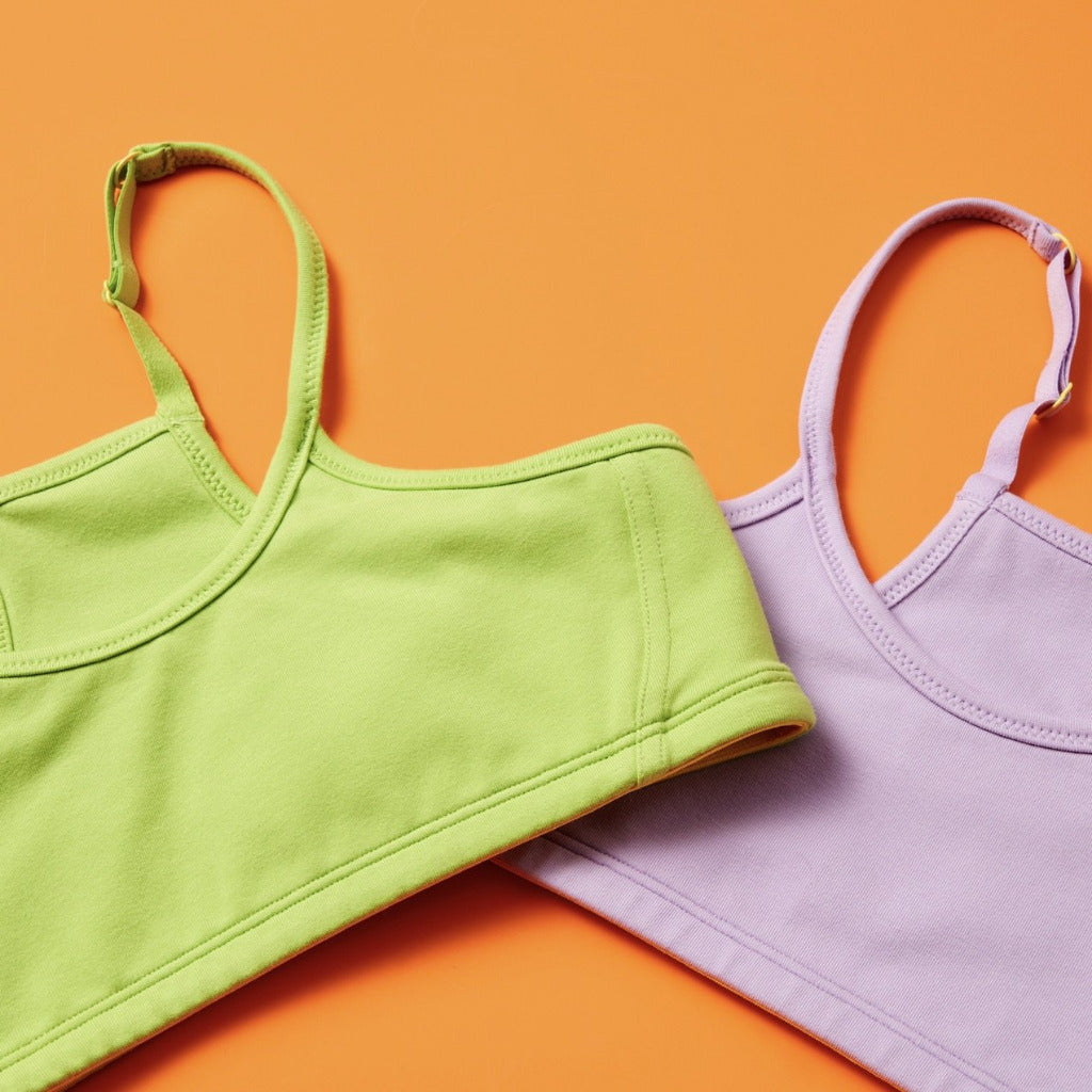 Two Yellowberry Willow Cotton Training Bras for girls, teens, and tweens. Racerback design in cute colors.