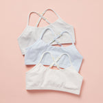Yellowberry Ladybug Great Starter Bundle Bra on a set of three beautiful pastel colors front image with adjustable straps and an easy pull over design for a simple and easy off-on fit.