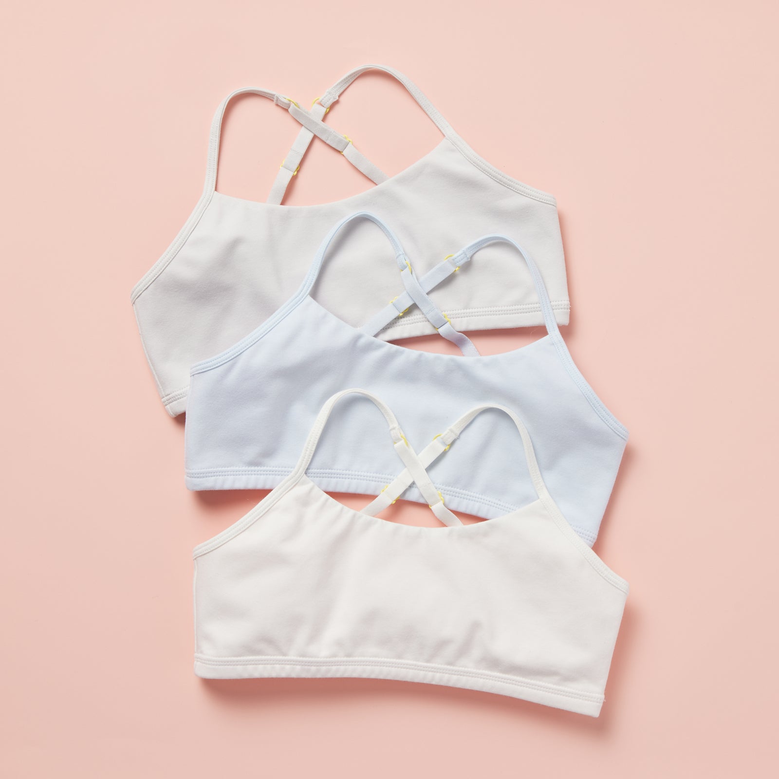 Yellowberry Ladybug Great Starter Bundle Bra on a set of three beautiful pastel colors front image with adjustable straps and an easy pull over design for a simple and easy off-on fit.