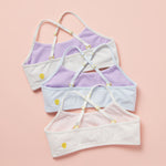 Yellowberry Ladybug Classic First Bra Bundle in a set of three beautiful pastel-colored bras. The back image features Criss Cross straps and an easy pull-over design for an easy fit and super cute mining color details.