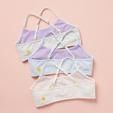 Yellowberry Ladybug Classic First Bra Bundle in a set of three beautiful pastel-colored bras. The back image features Criss Cross straps and an easy pull-over design for an easy fit and super cute mining color details.