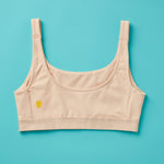 Yellowberry Scoop light to medium Bralette for girls, tweens, and teens. Made for lighter to medium activity (hiking, spinning, yoga, barre, etc.). Available in four neutral colors and extended sizes for all. 