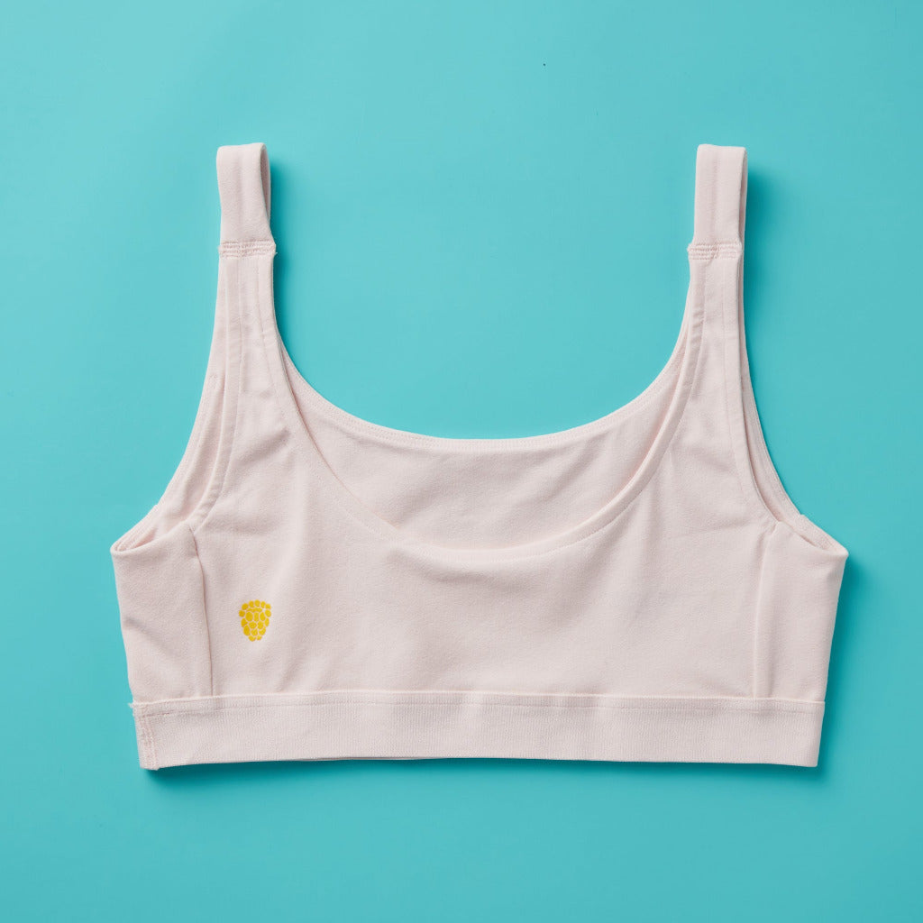 Yellowberry Scoop light to medium Bralette for girls, tweens, and teens. Made for lighter to medium activity (hiking, spinning, yoga, barre, etc.). Available in four neutral colors and extended sizes for all. 