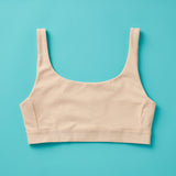 Yellowberry Scoop light to medium Bralette for girls, tweens, and teens. Made for lighter to medium activity (hiking, spinning, yoga, barre, etc.). Available in four neutral colors and extended sizes for all. 