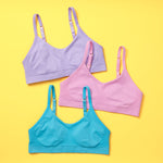 Tulip 3PK Bundle includes one of each color. Huckleberry, Fremont, and Bubblegum for a fun trio of girls' bras. Terrific all day comfort and Yellowberry signature quality. 