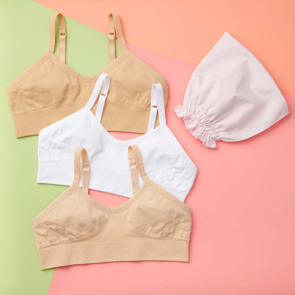 Detail image of high-quality, all-natural, antimicrobial Yellowberry Seamless Poppy Bra bundle of three. Reusable fabric bags in order to use less plastic, reduce waste, more eco friendly. Bra is best option for girls with skin sensitivities. 