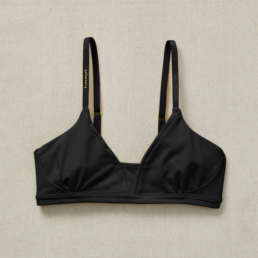 Front close detail image of Yellowberry Wish Bra in black. The Wish Bra is double-layered and fully lined to ensure full coverage. 