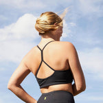 Yellowberry Tink Hybrid Sports Bra in white. Like two bras in one. Made with high quality, double-layered, antimicrobial, moisture wicking fabric. Made for all high impact and light activity. High to medium support for girls. A Great training bra too. Created by a female founded, female owned company.